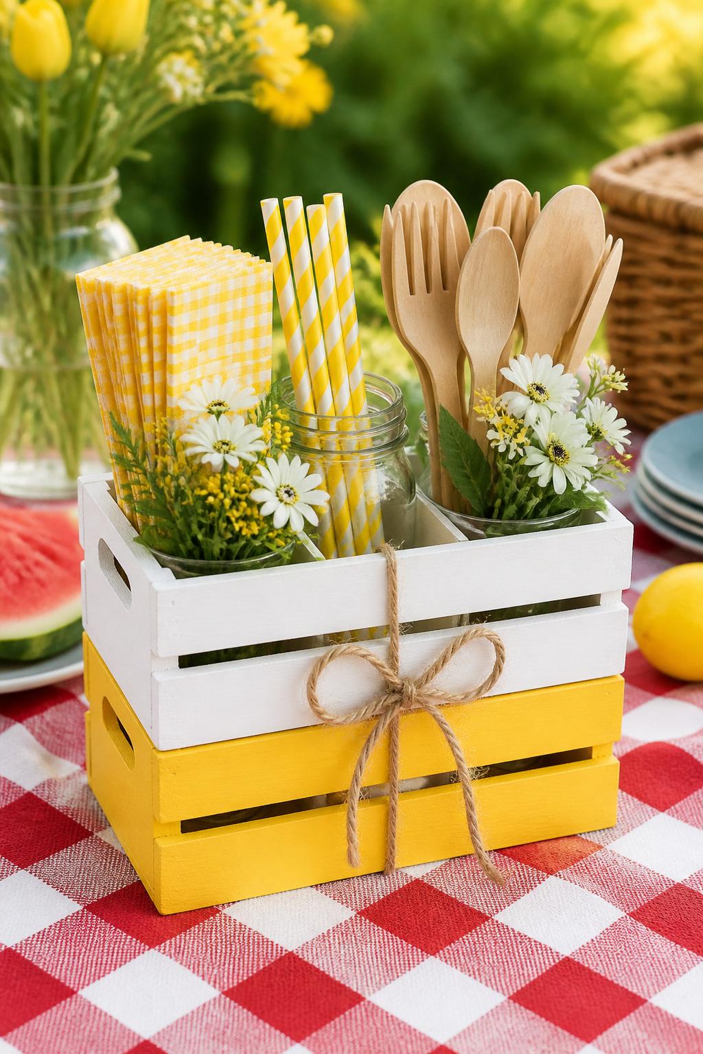 Detailed Image Prompt:
A charming summer craft photo showing Dollar Tree mini wooden crates turned into a picnic caddy, small crates painted white and yellow, tied together with twine, filled with napkins, paper straws, cutlery, and small faux flowers, styled on an outdoor picnic table, clean budget-friendly summer setup, no people, no faces, no readable text, no watermark on images.
