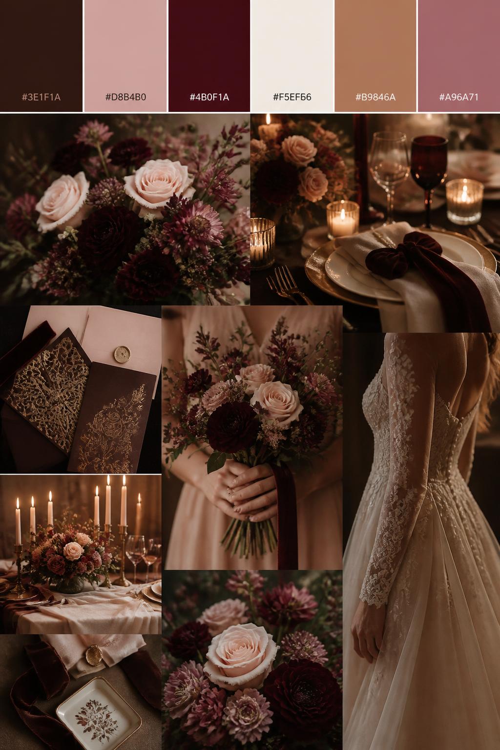 A realistic dark romantic wedding mood board with a top row of swatches and hex codes in chocolate brown, blush pink, deep wine, cream, cinnamon beige, and muted rose. Under the swatches, create a soft collage with brown velvet ribbons, wine-colored flowers, blush roses, cream table linens, warm candlelight, brown and gold stationery details, hands holding a bouquet with no face visible, and a side-view wedding dress detail cropped from the neck down. The mood should feel cozy, cute, romantic, and warm with DSLR-style realism. 9:16 vertical format. No full faces, no extra text except small hex codes. (no watermarks on images)