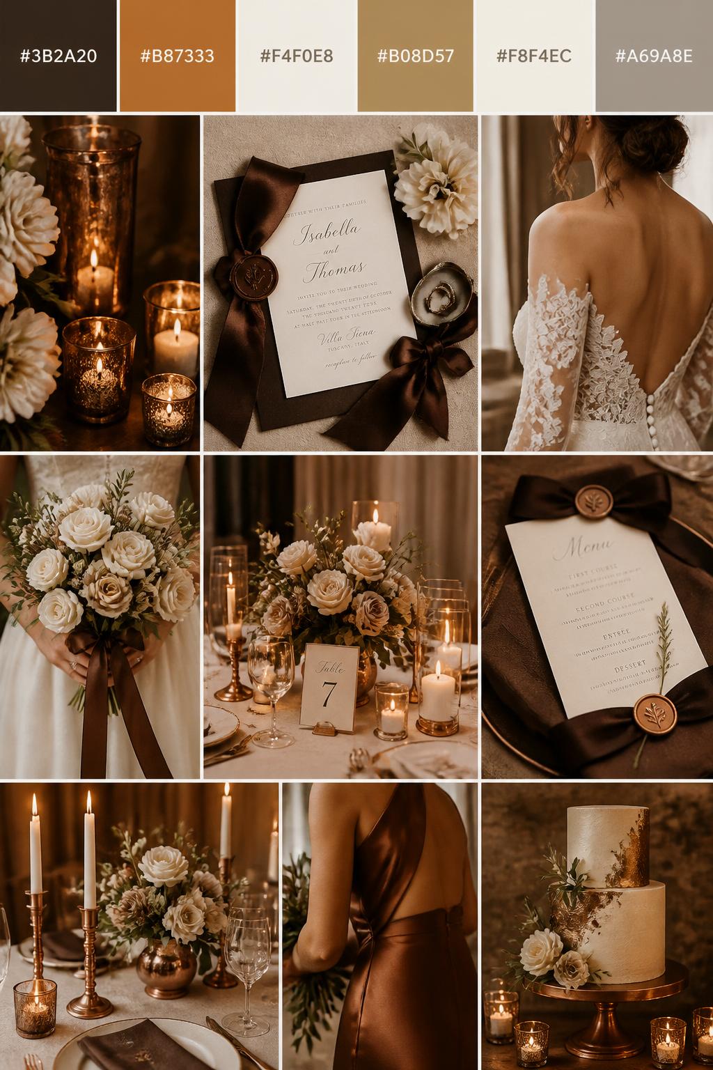 A realistic wedding inspiration collage with a top color strip showing hex-coded swatches in espresso brown, copper, ivory, warm bronze, cream, and soft taupe. Below the palette strip, create a realistic wedding mood board with copper candle holders, ivory flowers, espresso ribbon, invitation flat lays, cropped dress detail shots, hands holding a bouquet, and no-people decor scenes in soft warm light. Use back views, side views, shoulder-down crops, and detail-only shots so no full faces are visible. The mood should feel warm, rich, romantic, and elegant with DSLR-style realism. 9:16 vertical format. (no watermarks on images)
