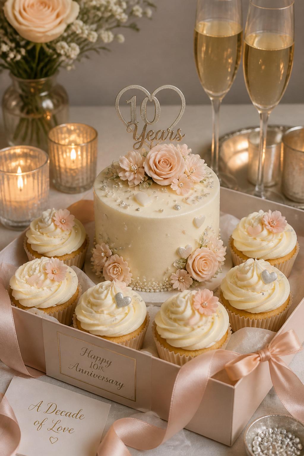 Image Prompt: A cute 10th anniversary dessert set with one mini cake and matching cupcakes, decorated with ivory buttercream, silver pearls, tiny hearts, blush flowers, and a small “10 Years” topper. Arrange them on a refined dessert table with candles, satin ribbon, and champagne glasses. Make it giftable, sweet, and realistic, no people, no faces, no watermark. (no watermarks on images)