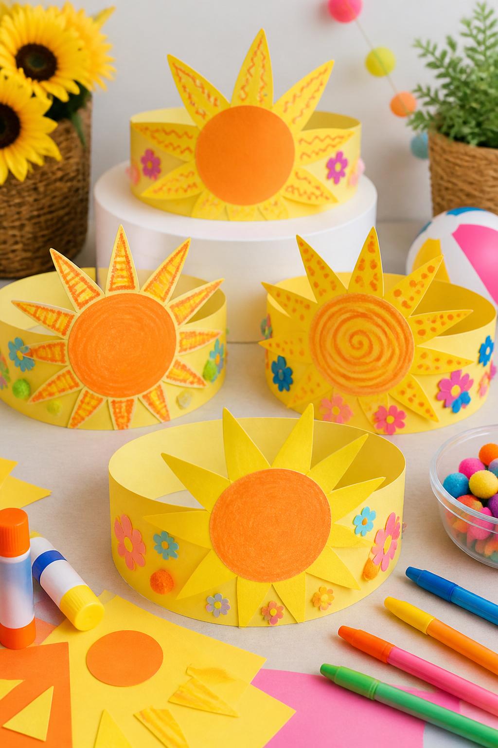 Detailed Image Prompt:
A bright editorial-style kids’ craft photo showing handmade sunshine crowns for the first day of summer, yellow paper crown bands with large paper sun rays, orange circles, small flower stickers, pom-poms, and crayon patterns, arranged on a clean craft table with glue sticks, paper scraps, and washable markers nearby, cheerful summer celebration style, no children, no faces, no readable text, no watermark on images.