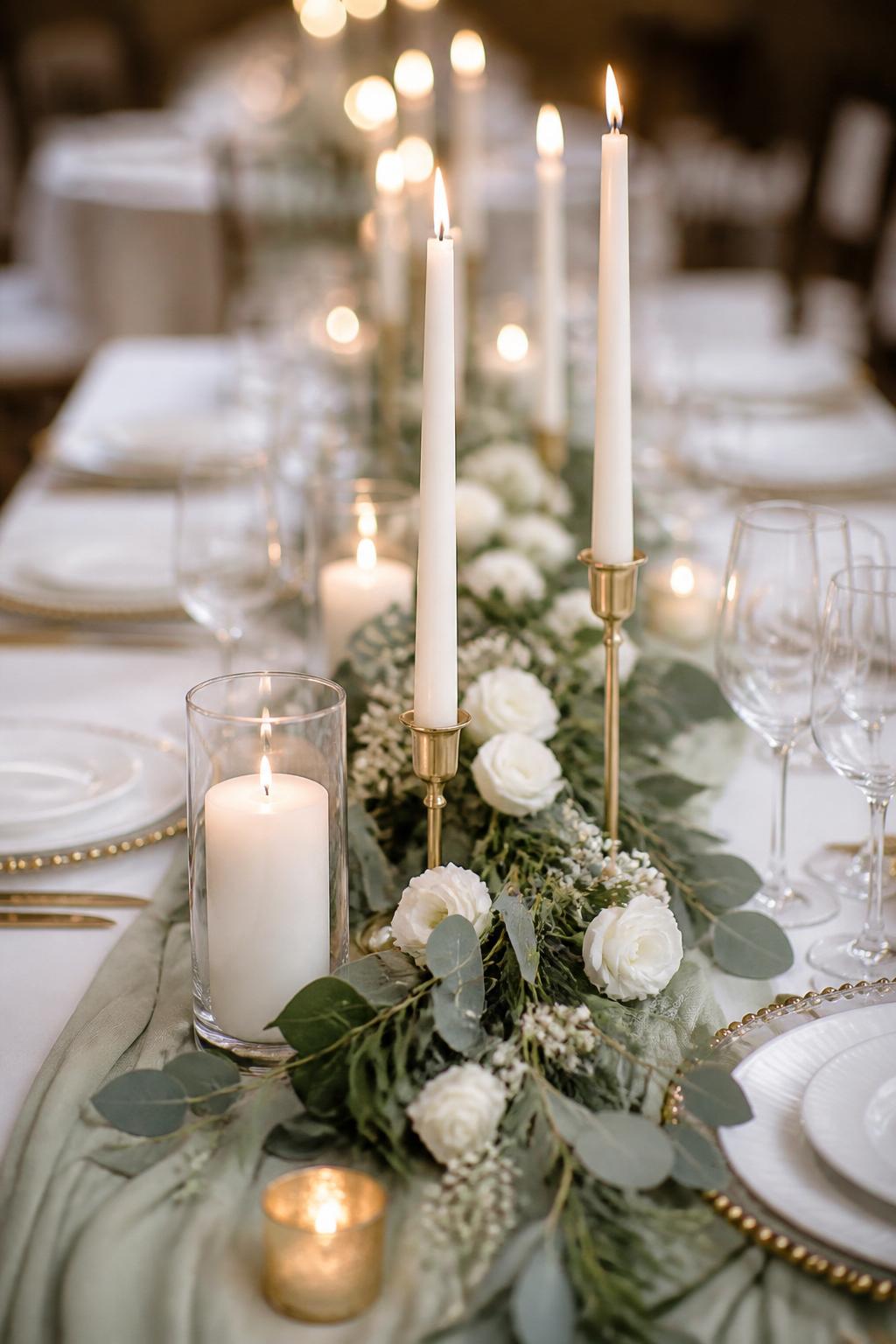 Image Prompt:
A romantic wedding table photo showing a long table with a soft sage green linen runner, ivory flowers, eucalyptus greenery, gold candle holders, ivory taper candles, white plates, crystal glasses, and warm candlelight. Refined reception setting, no visible faces, no text, no watermark, realistic DSLR editorial photography, (no watermarks on images)