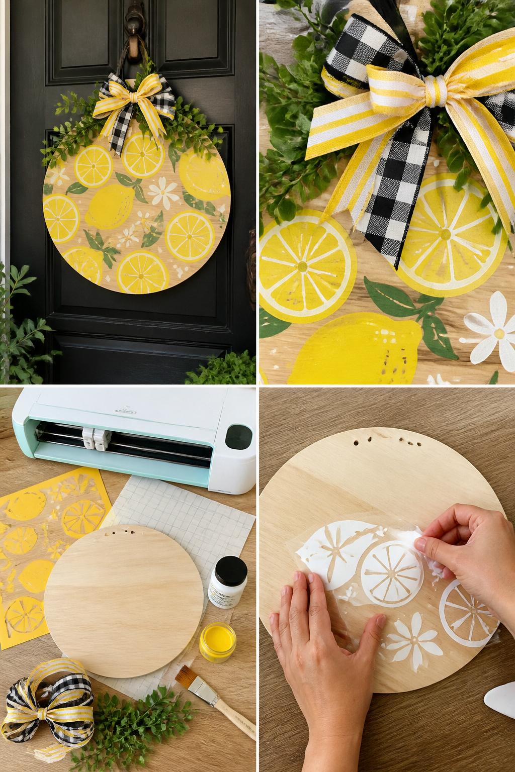 Detailed Image Prompt:
A realistic editorial 2x2 collage grid showing a beginner Cricut summer door hanger, top-left finished round wooden door hanger with painted lemon slices, vinyl stencil details, ribbon, and faux greenery on a front door, top-right close-up of clean stencil edges and ribbon bow, bottom-left flat lay of round wood blank, stencil vinyl, transfer tape, paint, brush, ribbon, Cricut machine, and sealer, bottom-right cropped hands applying stencil vinyl to a round wood blank, sunny porch craft setting, no faces, no text, no watermark on images.