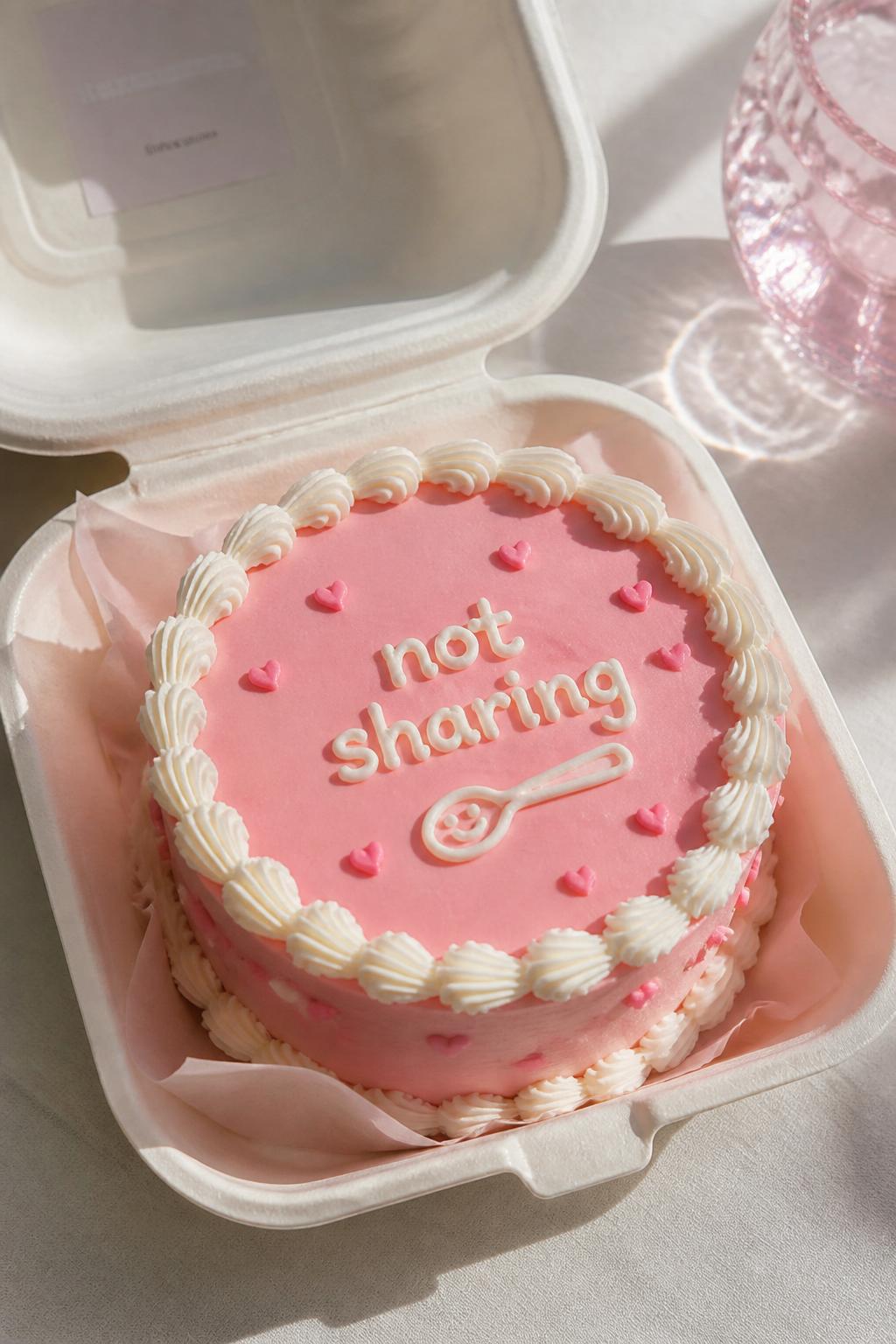 Image Prompt:
A funny bento cake inside an open white bento box, smooth pastel pink frosting, white piped border, handwritten icing text reading “not sharing,” tiny spoon doodle, small heart details, playful dessert styling, bright natural light, realistic editorial bakery photo, no people, no hands, no faces, no watermarks on images