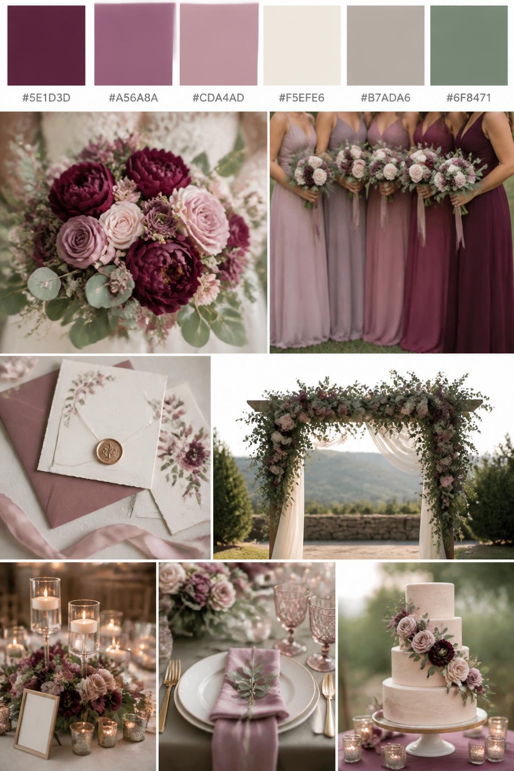 A soft romantic wedding collage mood board with a top palette strip showing swatches and hex codes in mulberry, mauve, dusty pink, cream, soft taupe, and eucalyptus green. Below, show layered wedding details including mauve and mulberry flowers, a soft bouquet, bridesmaid dresses in tonal berry shades, elegant invitations, romantic reception styling, and a wedding arch decorated with florals and greenery. The overall mood should be cohesive, airy, and romantic with real DSLR-like texture and lighting. 9:16 vertical format. No extra text except small hex codes on the palette strip. (no watermarks on images)