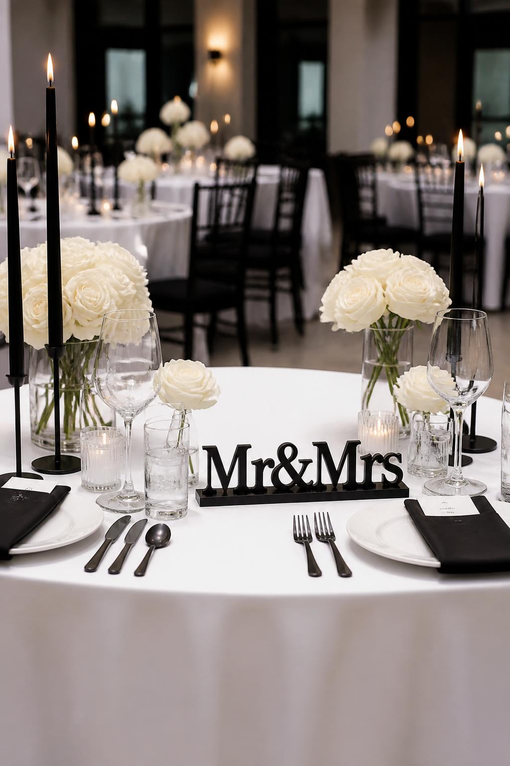 Image Prompt:
A sleek modern wedding sweetheart table with a black and white color palette, white linen, black taper candles, matte black flatware, white roses, clear glassware, and a simple black Mr and Mrs sign with clean lettering. Modern reception venue, no visible faces, no watermark, realistic editorial wedding photography.
