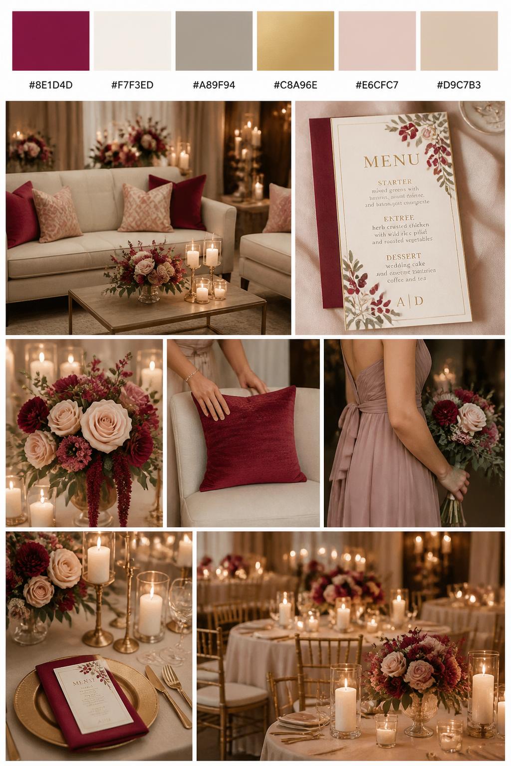 Image Prompt:
A realistic wedding mood board in a Pinterest-style collage layout. Add a top strip of swatches with small hex codes in raspberry, ivory, taupe, soft gold, blush nude, and warm beige. Below, create a romantic collage with a raspberry-accented wedding lounge area, neutral seating, berry-toned throw pillows, candles, floral accents, menu cards, bouquet close-ups, a side-view body detail of a bridesmaid dress with no face shown, hands placing a pillow, and no-people reception styling under soft candlelight. Avoid clear faces completely by using cropped, turned-away, or detail-only compositions. DSLR-style realism, 9:16 vertical format. (no watermarks on images)