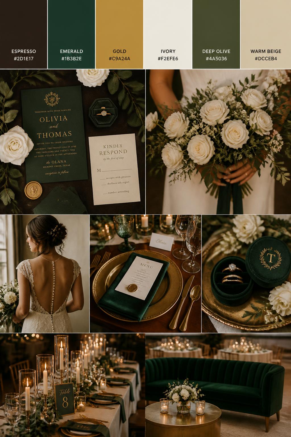 A realistic wedding color scheme mood board with a top swatch strip and small hex codes in espresso brown, emerald green, gold, ivory, deep olive, and warm beige. Below, create a rich wedding collage with emerald velvet accents, espresso table details, gold flatware, ivory flowers, elegant stationery, hands holding a bouquet, a back-view bridal detail, and a no-people candlelit reception table. Use no clear faces and mix detail shots with no-people decor images for variety. The mood should feel rich, elegant, and romantic with soft warm light and DSLR-style realism. 9:16 vertical format. (no watermarks on images)