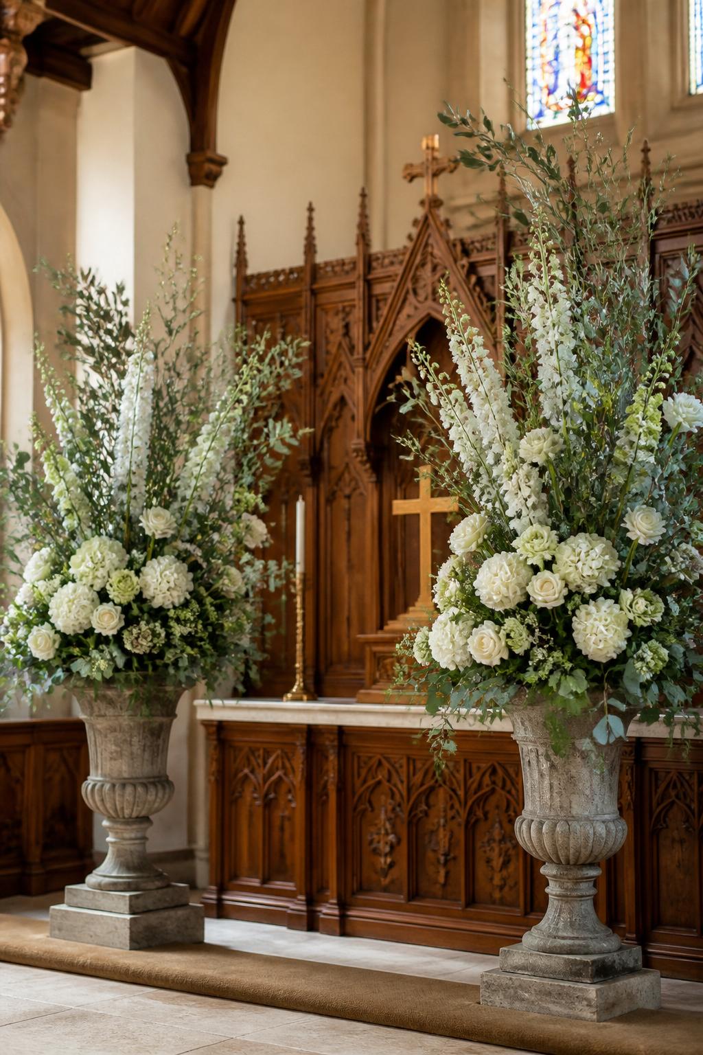 Image Prompt:
Two tall antique stone urns placed on each side of a church altar, filled with elegant white, cream, and soft green flower arrangements, including roses, delphiniums, hydrangeas, snapdragons, eucalyptus, and olive branches, tall airy shape with natural movement, classic church interior, carved wooden altar, soft morning light, no people, no faces, realistic floral styling, professional editorial photo, no text, no watermark.