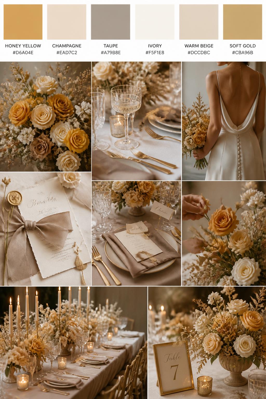 A realistic wedding inspiration mood board with a top strip of swatches and hex codes in honey yellow, champagne, taupe, ivory, warm beige, and soft gold. Below, create a polished collage with honey-toned flowers, champagne glassware, taupe linens, elegant table settings, silk ribbon stationery, a cropped dress shot from below the chin, hands arranging flowers, and candlelit reception decor. Use a mix of no-people flat lays, bouquet close-ups, back-view styling, and side-angle detail photos with no visible full faces. The mood should feel warm, elegant, romantic, and refined with realistic DSLR photo quality. 9:16 vertical format. (no watermarks on images)