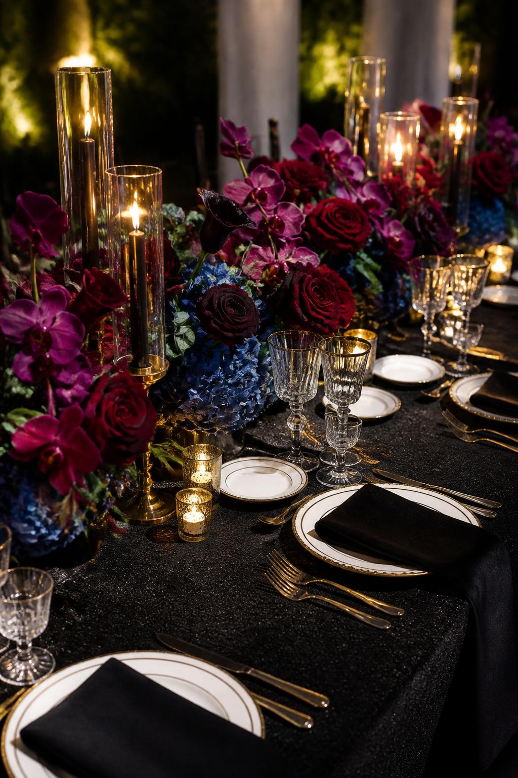 Image Prompt:
A dramatic wedding table photo showing black linen, jewel tone floral centerpieces in burgundy, plum, emerald, and deep blue, paired with gold flatware, white plates, crystal glasses, and candlelight. Formal evening wedding reception setting, no visible faces, no full people, no text, no watermark, realistic editorial wedding photography, (no watermarks on images)