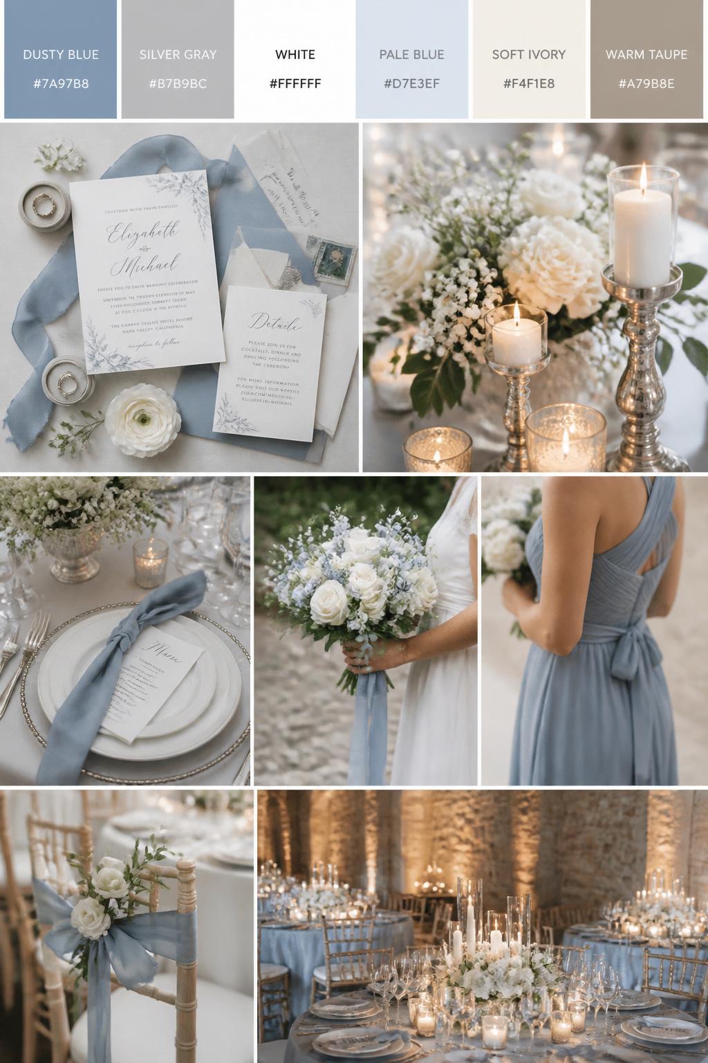 A realistic Pinterest-style wedding palette board with a top row of swatches and hex codes in dusty blue, silver gray, white, pale blue, soft ivory, and warm taupe. Below the swatches, create a polished wedding collage with dusty blue ribbon, white florals, silver candle holders, elegant table settings, formal stationery, a side-view bouquet shot, a bridesmaid dress detail cropped below the shoulders, and a no-people reception tablescape under soft candlelight. Use varied no-face compositions, including hands-only details, back-view styling, side-view crops, and no-people decor scenes. DSLR photo realism, 9:16 vertical format. (no watermarks on images)