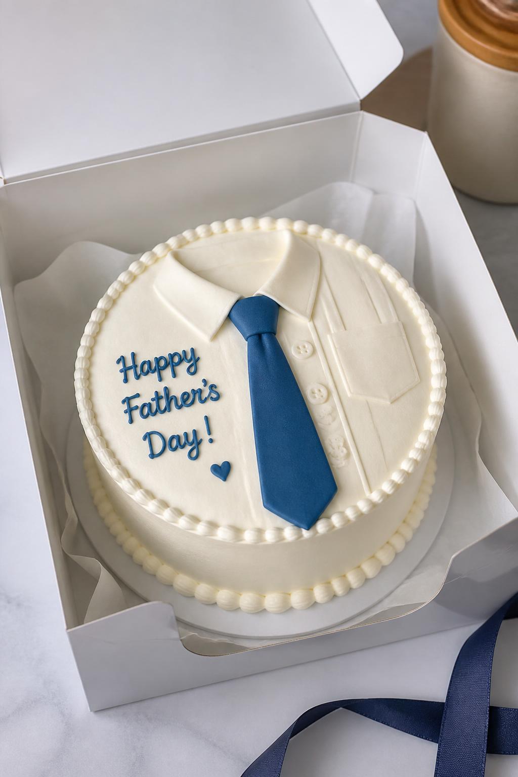 Image Prompt:
A lovely Father’s Day bento cake inside an open white bento cake box, smooth white frosting designed like a shirt front, small blue icing tie detail, tiny button accents, neat border, polished dessert styling, realistic close-up bakery photography, no people, no hands, no faces, no watermarks on images