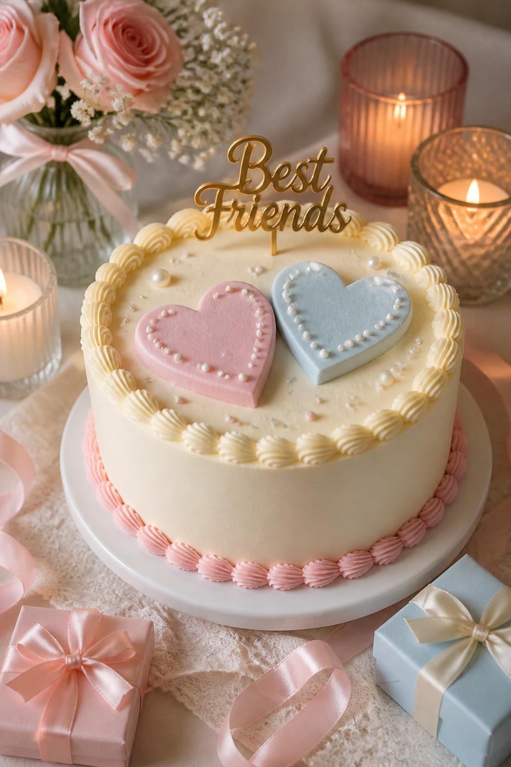 Image Prompt: A cute friendship anniversary cake with smooth ivory buttercream, two matching raised hearts in different pastel colors, tiny pearl accents, soft piped borders, and a small “Best Friends” topper. Style it on a pretty table with candles, satin ribbon, pastel flowers, and small gift boxes. Make it realistic, sweet, and polished, no people, no faces, no text overlay, no watermark. (no watermarks on images)