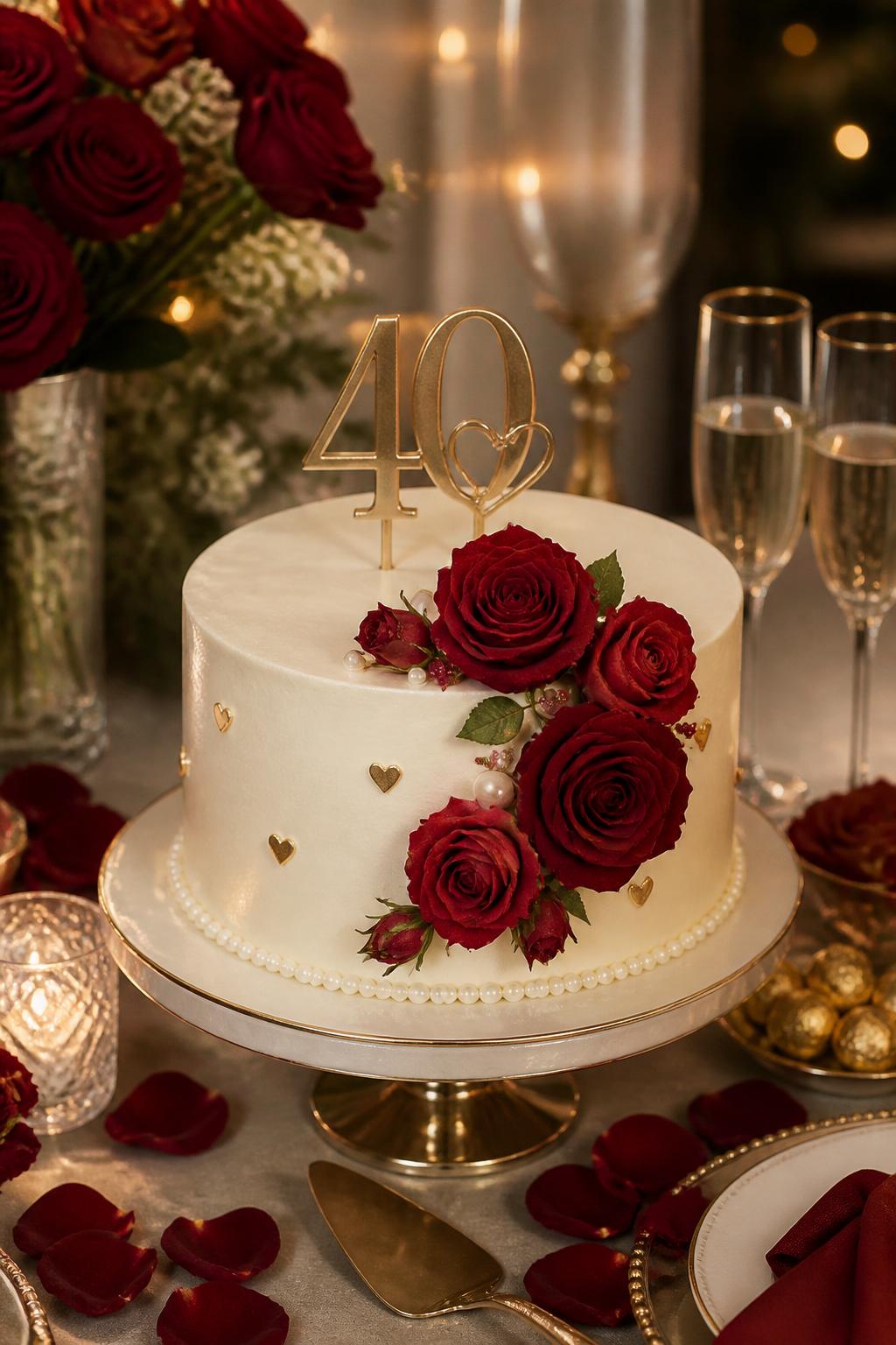 Image Prompt: A cute ruby wedding anniversary cake with smooth ivory buttercream, deep ruby red roses, delicate pearl borders, small gold heart accents, and a tasteful “40 Years” topper. Style it on an elegant dessert table with red rose petals, champagne glasses, candles, and warm romantic lighting. Make it realistic, polished, and editorial, no people, no faces, no text overlay, no watermark. (no watermarks on images)