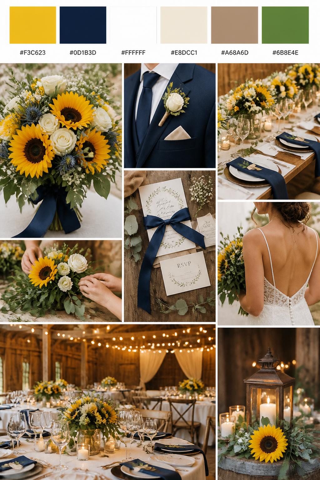 A realistic wedding inspiration mood board with a top strip of swatches and hex codes in sunflower yellow, navy blue, white, warm beige, soft brown, and fresh green. Below, create a polished collage with sunflower-inspired flowers, navy suit details, white table linens, rustic table settings, silk ribbon stationery, a cropped dress shot from below the chin, hands arranging flowers, and candlelit country reception decor with barn wood textures. Use a mix of no-people flat lays, bouquet close-ups, back-view styling, and side-angle detail photos with no visible full faces. The mood should feel cheerful, classic, country, and wedding-ready with realistic DSLR photo quality. 9:16 vertical format. (no watermarks on images)