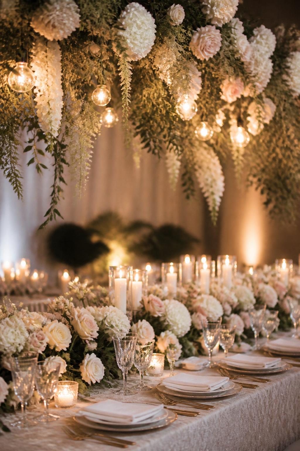 Image Prompt:
A dreamy editorial wedding reception photo showing a long wedding table beneath a hanging floral installation made with white flowers, blush blooms, greenery, and soft warm lights. The table below has low floral arrangements, candles, white plates, gold flatware, crystal glasses, and elegant linen. No visible faces, no full people, table and hanging flowers focused, no text, no watermark, realistic DSLR wedding photography, (no watermarks on images)