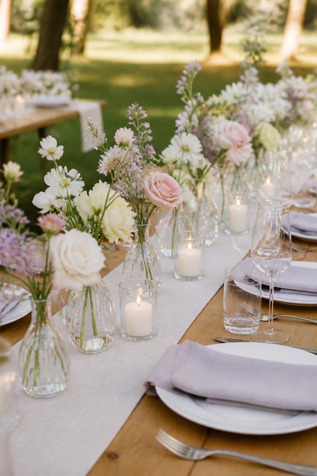 Image Prompt:
A clean outdoor wedding picnic table decorated with a neat row of mini clear glass bud vases, each holding one or two flower stems in white, blush, pale yellow, and soft lavender. Add linen napkins, white plates, clear glasses, and simple candles. No visible faces, no text, no watermark, realistic editorial wedding photography, (no watermarks on images)