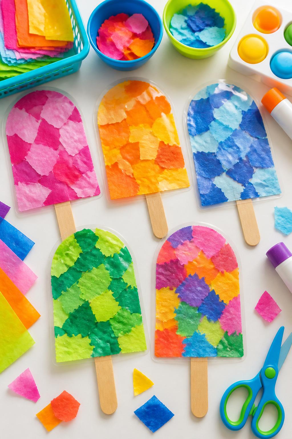 Detailed Image Prompt:
A colorful summer daycare craft photo showing sticky paper popsicle collages, large popsicle shapes made with clear contact paper and filled with torn tissue paper in pink, yellow, orange, blue, and green, craft sticks attached at the bottom, tissue scraps and child-safe supplies on a white craft table, bright preschool summer style, no people, no faces, no readable text, no watermark on images.