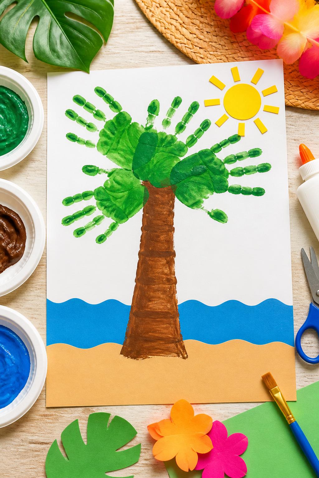 Detailed Image Prompt:
A tropical kids’ summer craft photo showing handprint palm tree art, brown painted paper trunk with several green handprints at the top as palm leaves, tan paper sand, blue ocean strip, small paper sun, washable paint and glue nearby, bright beach vacation craft style, no people, no faces, no readable text, no watermark on images.