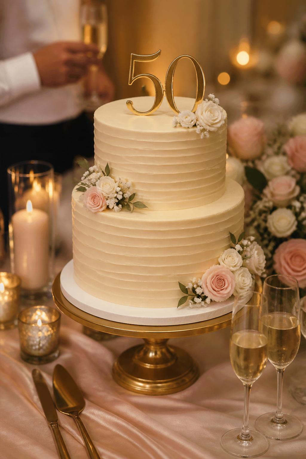Image Prompt: Ultra-realistic 50th wedding anniversary party scene featuring a champagne buttercream anniversary cake with smooth soft champagne-toned frosting, delicate floral accents, light gold details, and a tasteful number "50" topper. Place the cake on an elegant dessert table with candles, blush and ivory flowers, champagne glasses, satin or linen table styling, and a softly blurred party setting. Keep the cake as the main focus. No visible faces. If people appear, show only hands, back views, side views, or neck-down figures. Realistic buttercream texture, warm soft lighting, DSLR editorial event style. (no watermarks on images)