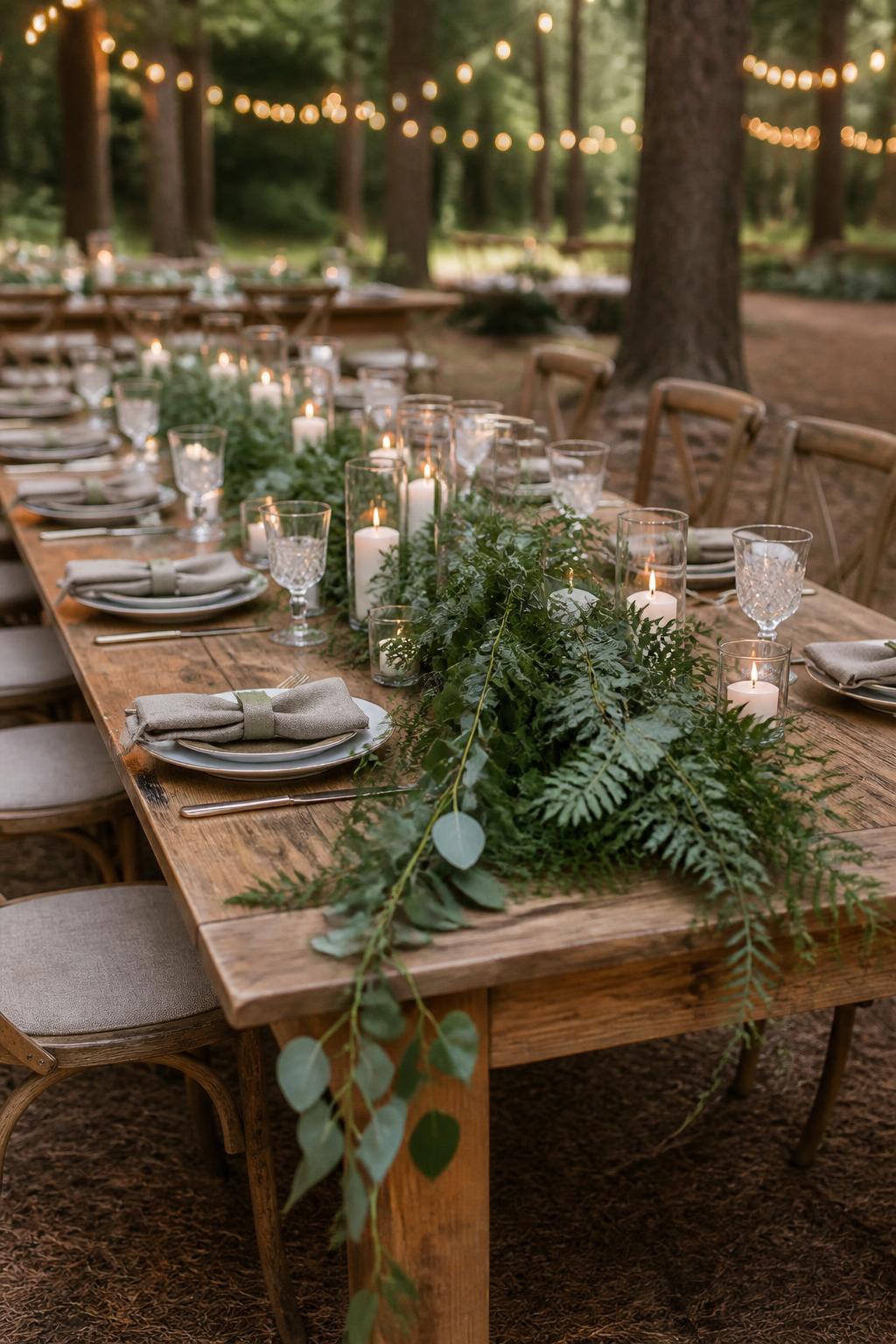 A refined woodland wedding reception photo showing a bare wood rectangle table with a flowing greenery garland made of eucalyptus, ferns, and trailing vines. Add ivory candles, ceramic plates, taupe linen napkins, and clear glassware. The setting is a forest clearing reception with string lights in the background, no visible faces, no text, no watermark, realistic DSLR editorial photo.