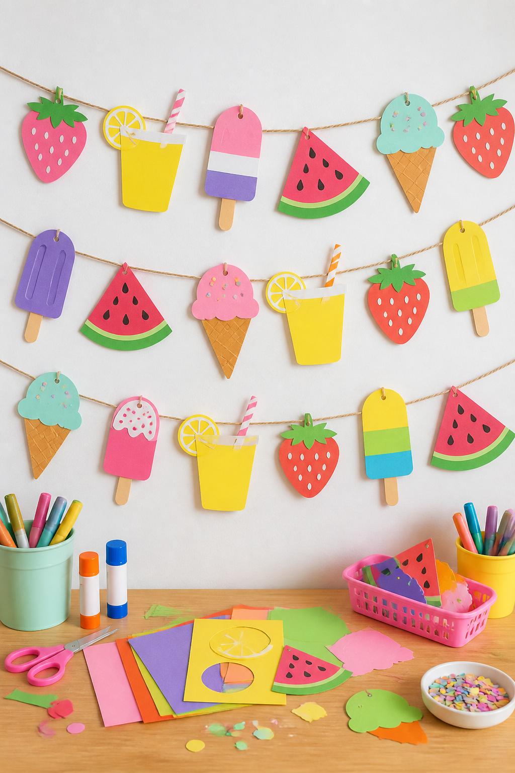 Detailed Image Prompt:
A bright craft photo showing a handmade summer treat paper garland, paper popsicles, ice cream cones, watermelon slices, lemonade cups, and strawberries strung on twine, arranged across a white wall above a kids’ craft table, paper scraps, glue sticks, scissors, and markers below, colorful first day of summer party feel, no people, no faces, no readable text, no watermark on images.