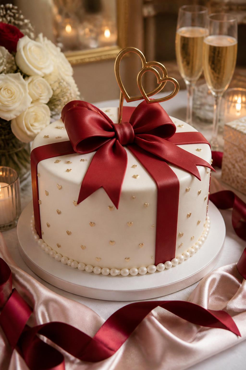 Image Prompt: A refined anniversary cake with smooth white fondant, a large deep red fondant bow, pearl borders, tiny gold hearts, and a simple anniversary topper. Style it on a pretty dessert table with satin ribbon, white roses, candles, and champagne glasses. Make it gift-like, romantic, and realistic, no people, no faces, no text overlay, no watermark. (no watermarks on images)