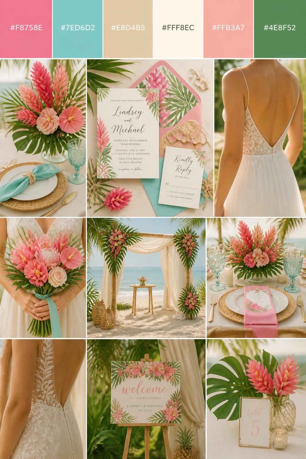 Image Prompt:
A realistic wedding inspiration collage with a top color strip showing hex-coded swatches in flamingo pink, aqua, sandy beige, ivory, soft coral, and palm green. Below the palette strip, create a realistic wedding mood board with pink tropical flowers, aqua accents, beige linens, invitation flat lays, cropped dress detail shots, hands holding a bouquet, and no-people decor scenes in warm tropical light. Use back views, side views, shoulder-down crops, and detail-only shots so no full faces are visible. The mood should feel bright, soft, tropical, and romantic with DSLR-style realism. 9:16 vertical format. (no watermarks on images)