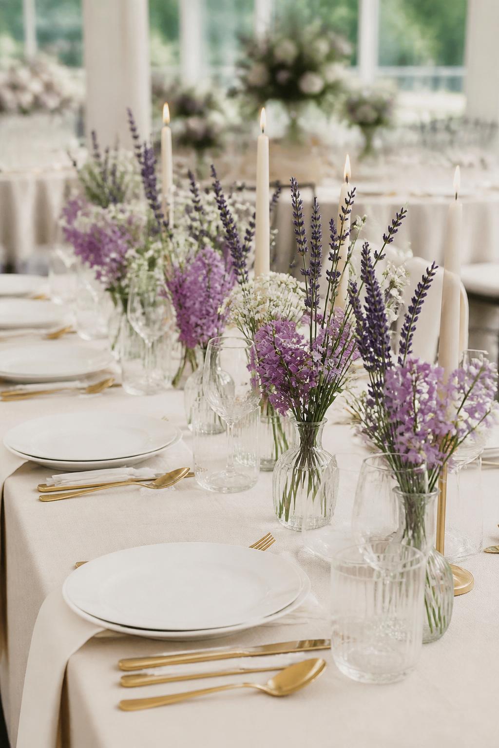 Image Prompt:
A clean wedding reception table showing a neat line of small clear bud vases, each holding lavender stems, lilac flowers, and tiny white blooms. Add ivory linen, white plates, gold flatware, clear glassware, and slim candles. Bright modern or garden reception setting, no visible faces, no text, no watermark, realistic editorial wedding photography, (no watermarks on images)