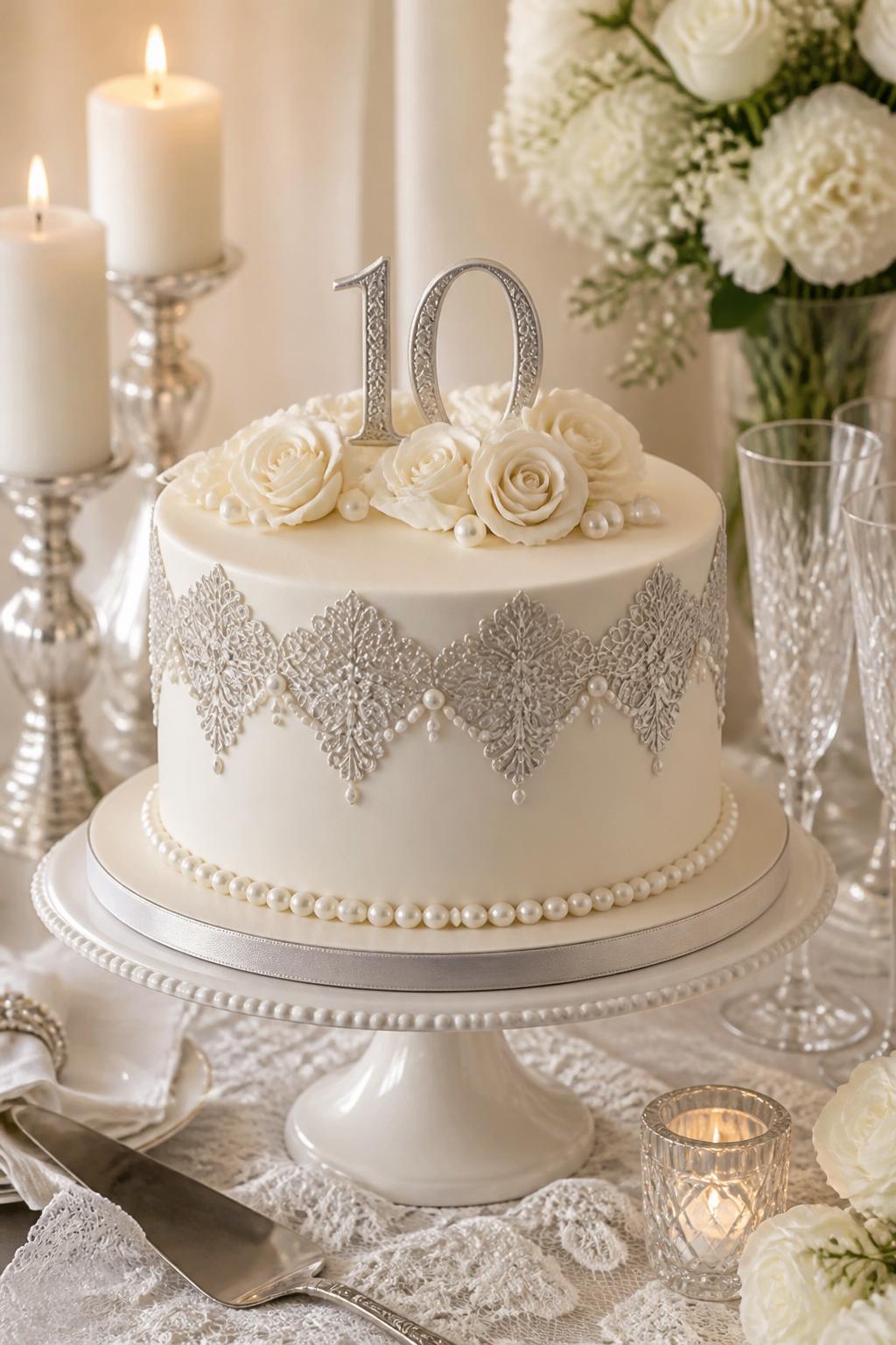 Image Prompt: A timeless 10th anniversary cake with smooth ivory fondant, delicate silver edible lace details, pearl accents, and soft cream sugar roses. Place it on a classic cake stand with lace linen, candles, crystal glasses, and white floral decor. Make it graceful, romantic, and realistic, with luxury editorial styling, no people, no faces, no watermark. (no watermarks on images)