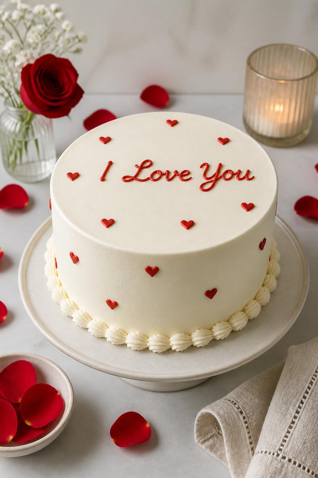 Image Prompt: A minimal anniversary cake with smooth white buttercream, tiny red hearts, neat red piped lettering that says “I Love You,” and a simple shell border. Style it on a clean dessert table with rose petals, a folded linen napkin, and soft natural light. Use realistic bakery-style texture, no people, no faces, no watermark. (no watermarks on images)