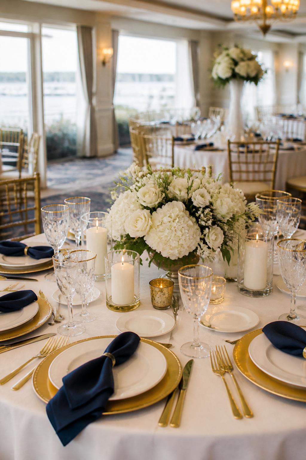 Image Prompt:
An elegant coastal wedding reception table styled with navy blue napkins, white floral centerpieces, white plates, gold chargers, gold flatware, crystal glasses, and ivory candles. Formal seaside ballroom or yacht club reception setting, no visible faces, no text, no watermark, professional DSLR editorial photography, (no watermarks on images)