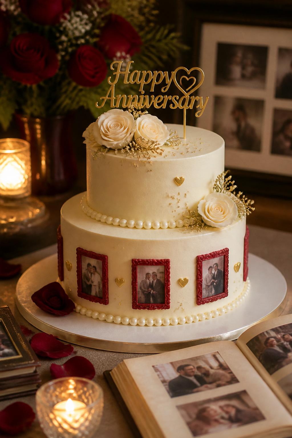 Image Prompt: A sentimental red anniversary cake with smooth ivory buttercream, small edible red-framed photo-style details around the lower tier, pearl borders, cream roses, tiny gold accents, and a tasteful anniversary topper. Style it on a family dessert table with photo albums, candles, red flowers, and warm indoor lighting. Make the photo details softly blurred with no clear visible faces, realistic, emotional, no people, no faces, no watermark. (no watermarks on images)