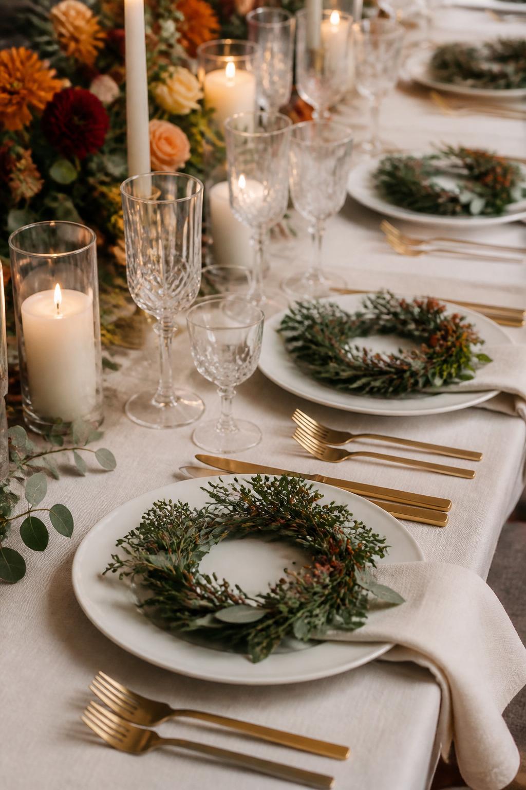 Image Prompt:
A close editorial wedding table photo showing each place setting decorated with a small autumn greenery wreath on a white plate, paired with linen napkins, gold flatware, crystal glasses, ivory candles, and warm fall floral touches in the background. No visible faces, no text, no watermark, realistic professional photography, (no watermarks on images)