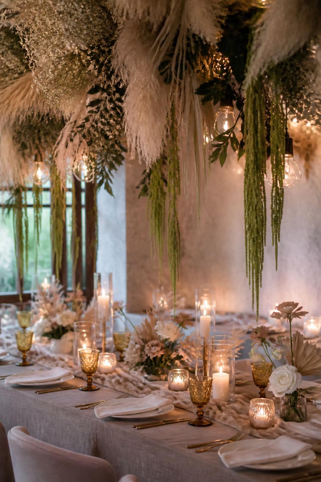 Image Prompt:
A high-end editorial wedding reception photo showing a chic boho wedding table beneath a hanging greenery and dried floral installation with pampas grass, trailing greenery, and soft lights above. The table below has neutral linen, candles, white plates, amber glassware, and low floral styling. No visible faces, no full people, no text, no watermark, realistic DSLR wedding photography, (no watermarks on images)