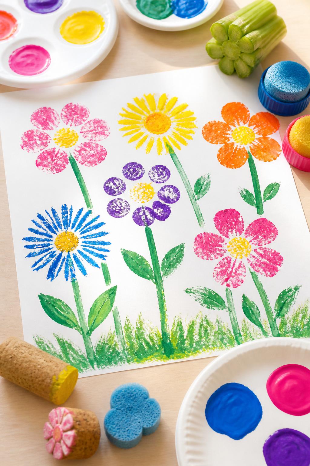 Detailed Image Prompt:
A pretty kids’ summer art photo showing flower stamp paintings made with celery ends, bottle caps, sponge pieces, and corks, bright flower shapes in pink, yellow, orange, purple, and blue on white paper, green painted stems and leaves, paint plates and stamping tools nearby, clean sunny craft table, no people, no faces, no readable text, no watermark on images.