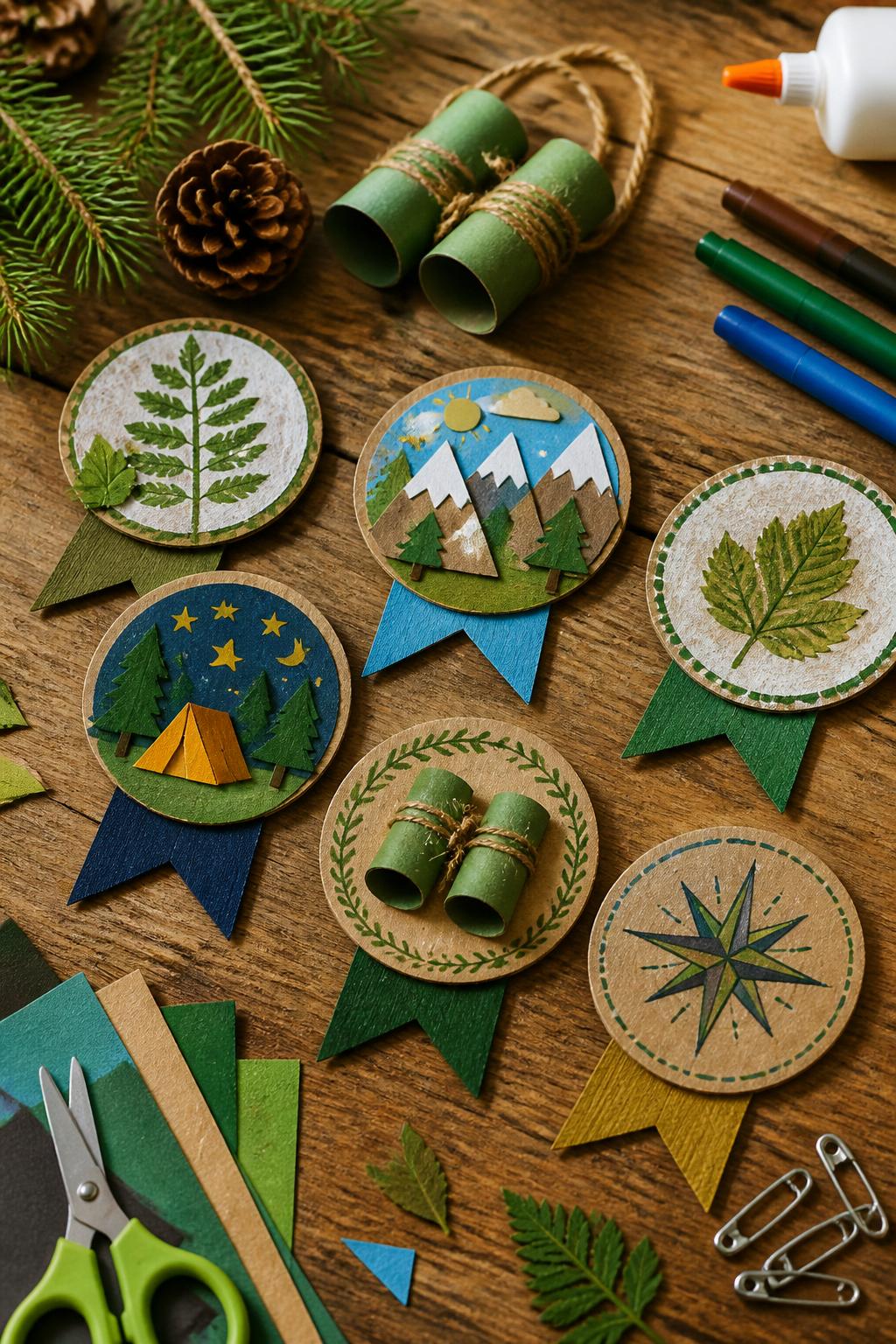 Detailed Image Prompt:
A polished summer camp craft photo showing handmade nature explorer badges, round cardboard badges decorated with leaf prints, tiny paper binoculars, painted mountains, stars, and ribbon tails, placed on a wooden craft table with markers, glue, safety pins, and paper scraps nearby, outdoor camp theme, no people, no faces, no readable text, no watermark on images.