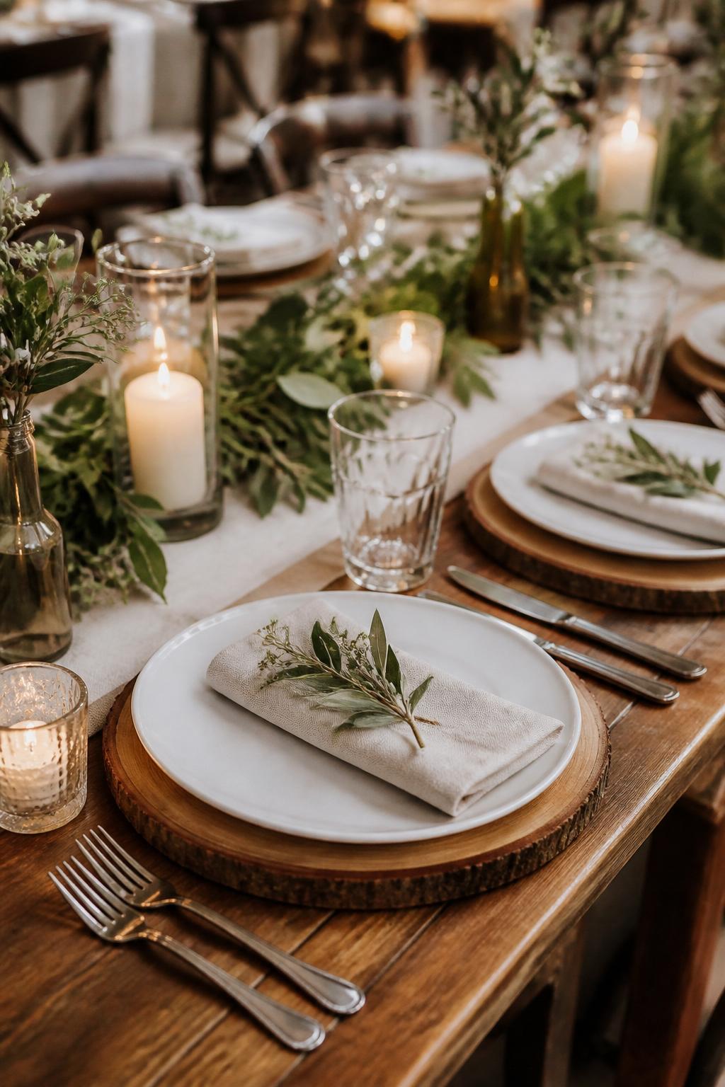Image Prompt:
A close editorial wedding table photo focused on a farm table place setting with round wooden chargers, white plates, folded linen napkins, polished flatware, clear glasses, small greenery sprigs, and soft candlelight. Rustic elegant reception setting, no visible faces, no text, no watermark, realistic professional wedding photography, (no watermarks on images)
