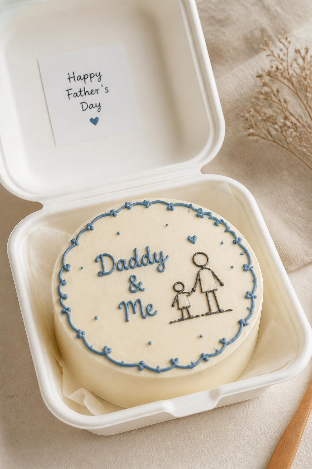 Image Prompt:
A sweet Father’s Day bento cake inside an open white bento cake box, smooth pale cream frosting, tiny hand-drawn style heart and stick-figure inspired doodle of a dad and child, neat soft blue border, icing text reading “Daddy & Me,” warm sentimental styling, realistic editorial bakery photography, no people, no hands, no faces, no watermarks on images