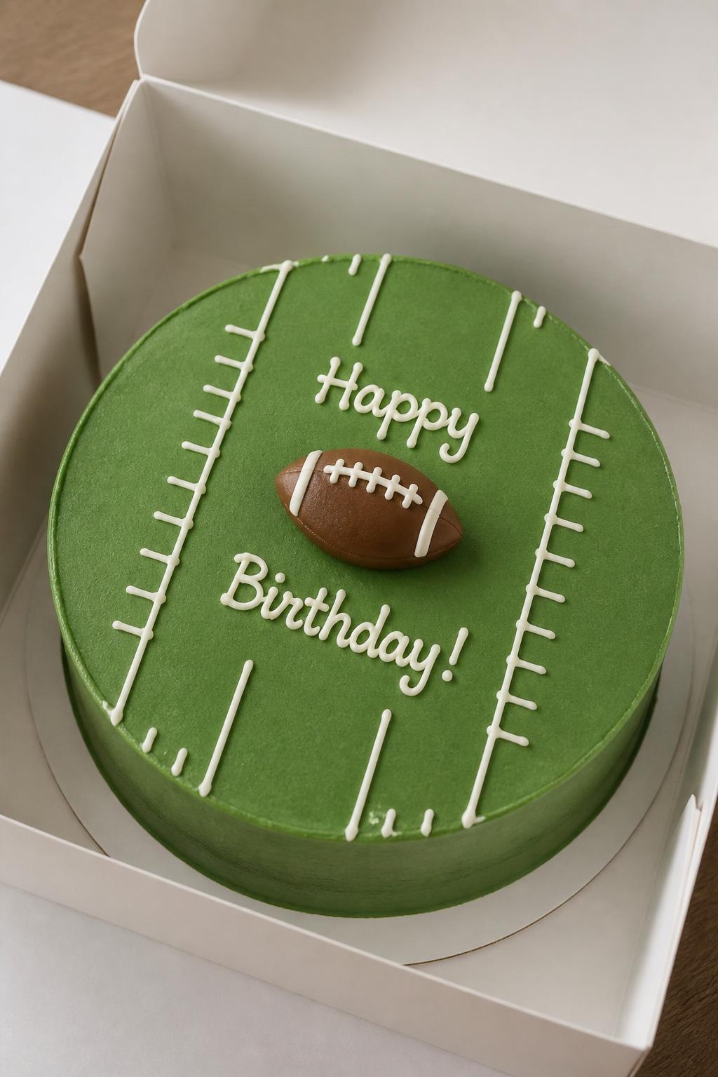 Image Prompt:
A football themed bento cake for men in an open white cake box, smooth green frosting like a field, simple white icing field lines, tiny buttercream football in the center, short birthday message, sporty dessert styling, realistic bakery photography, no people, no hands, no faces, no watermarks on images