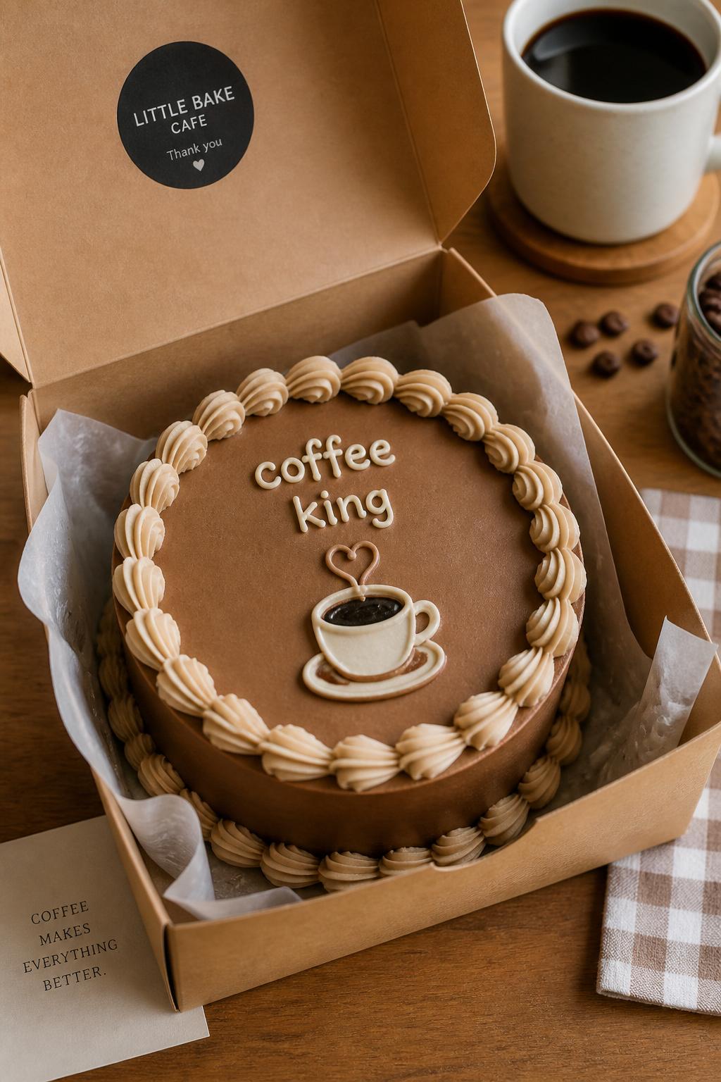Image Prompt:
A coffee themed bento cake for men inside an open kraft bento box, smooth mocha brown frosting, cream piped border, small buttercream coffee cup icon in the center, heart shaped steam detail, icing text reading “coffee king,” cozy cafe-inspired styling, warm natural light, realistic bakery photography, no people, no hands, no faces, no watermarks on images