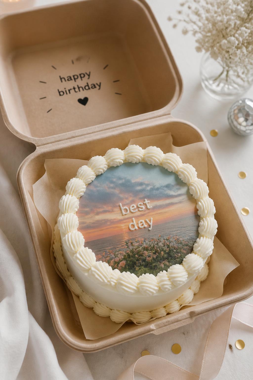 Image Prompt:
A personalized bento birthday cake with smooth white frosting, neat piped border, a central edible photo or printed style topper area, short icing text that says “best day,” open kraft bento box, soft celebratory styling, realistic editorial dessert photo, no people, no hands, no faces, no watermarks on images