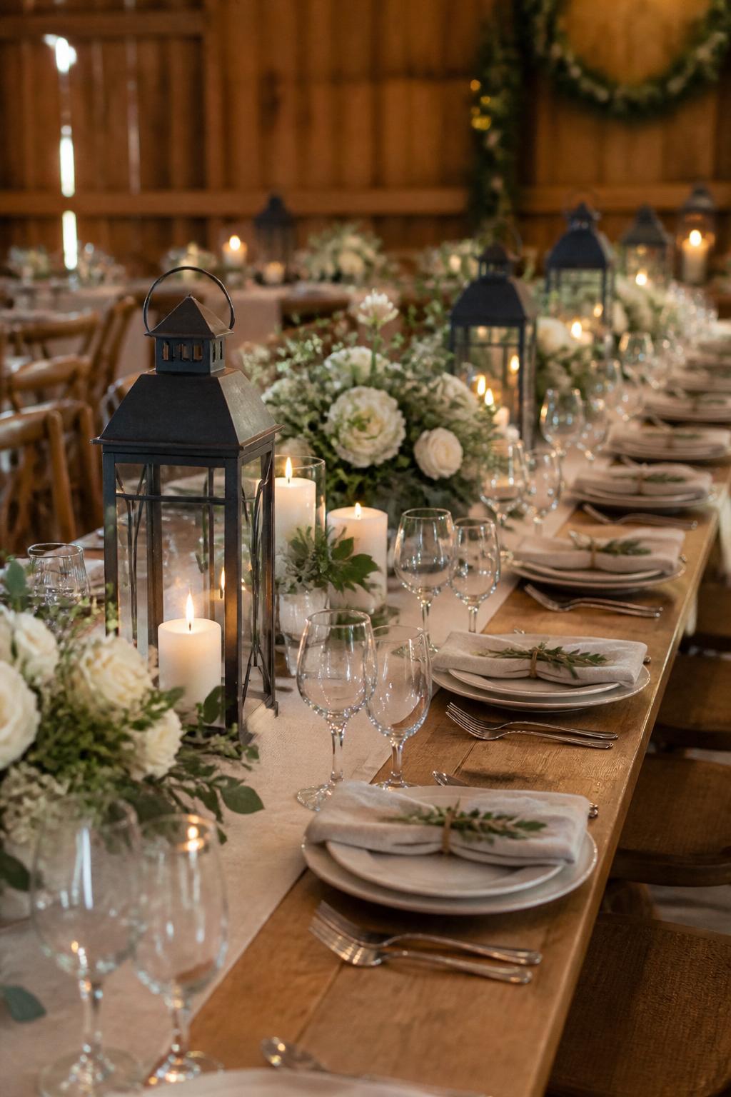 Image Prompt:
A rustic elegant farm table wedding photo showing antique brass or black lanterns placed down the center of a long wooden table, mixed with low white floral arrangements, greenery, ivory candles, ceramic plates, linen napkins, and clear glassware. Barn or countryside reception venue, no visible faces, no text, no watermark, realistic DSLR editorial image, (no watermarks on images)