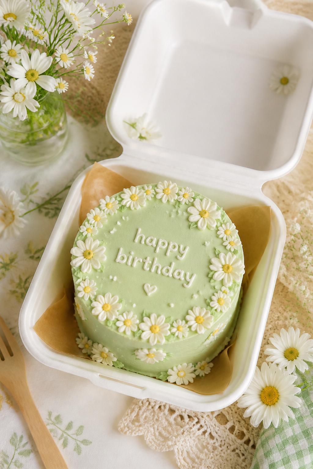 Image Prompt:
A fresh daisy themed bento birthday cake with pastel green frosting, tiny white daisy flowers with yellow centers piped on top and around the edges, cute birthday text, open white bento box, soft spring inspired styling, bright natural light, realistic bakery photo, no people, no hands, no faces, no watermarks on images