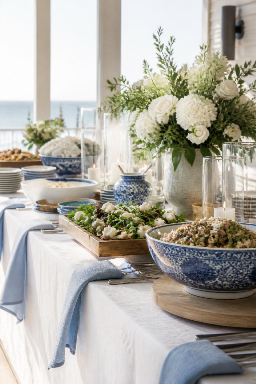 Image Prompt:
A fresh coastal wedding buffet table styled with white linen, soft blue napkins, blue and white ceramic serving bowls, white flowers, clear glassware, light wood trays, and natural sunlight. Airy seaside or beach house reception setting, no visible faces, no text, no watermark, professional DSLR editorial photography.