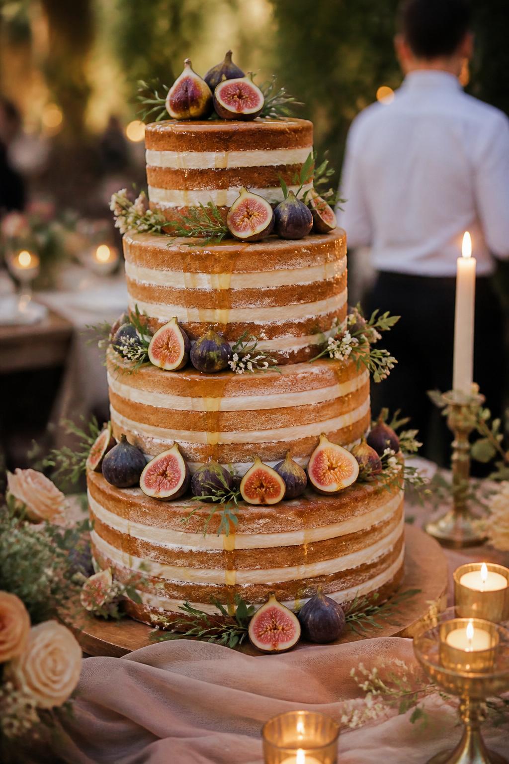 Image Prompt: Ultra-realistic wedding party scene featuring a naked wedding cake with visible vanilla layers, white cream filling, and fresh figs placed on each tier. Include sliced figs, whole figs, soft greenery, tiny white flowers, and a light honey drizzle for a natural elegant look. Place the cake on a styled reception dessert table with candles, linen, warm florals, and an upscale outdoor or indoor wedding setting. No visible faces. If people appear, show only hands, back views, or cropped side views. Realistic fig texture, cake crumb detail, soft DSLR wedding photo quality. (no watermarks on images)