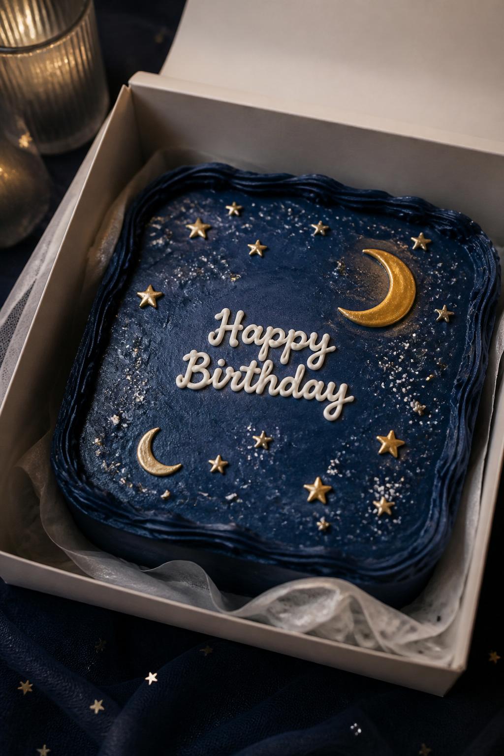 Image Prompt:
A dreamy star themed bento birthday cake in a white cake box, deep navy blue frosting, tiny gold star details, moon accents, soft white birthday lettering, magical night sky styling, gentle moody light, realistic editorial dessert photography, no people, no hands, no faces, no watermarks on images