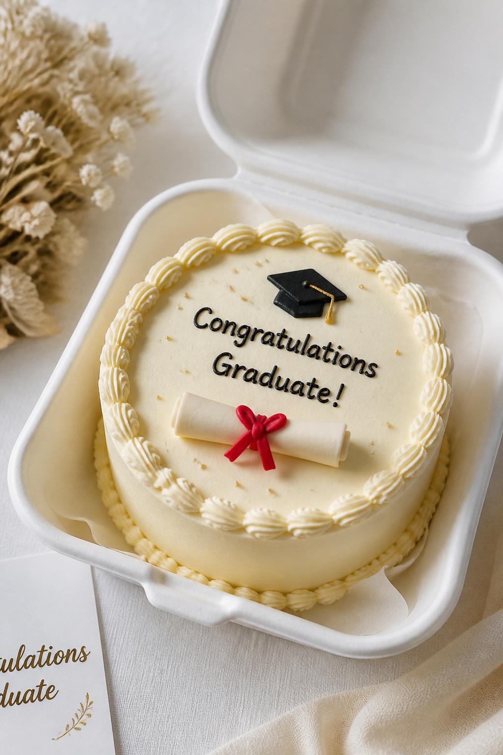 Image Prompt:
A cute diploma themed graduation bento cake in an open white bento cake box, smooth cream frosting, small buttercream diploma scroll tied with a tiny red ribbon detail, neat piped border, soft celebratory styling, realistic dessert photography, no people, no hands, no faces, (no watermarks on images)