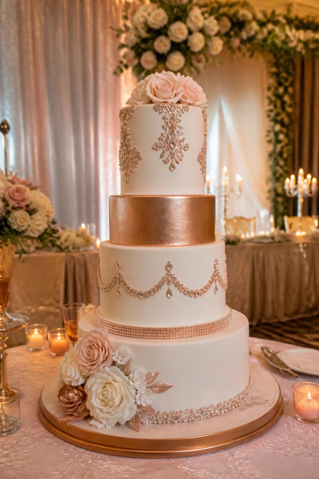 Image Prompt: Ultra-realistic wedding reception photo of a rose gold bling wedding cake with smooth white fondant, rose gold metallic accents, rhinestone appliqué details, and soft sugar flowers. Place the cake in a real wedding party setting with blush and champagne decor, candlelight, elegant floral arrangements, and a beautiful reception backdrop. Keep the cake front and center. No faces visible. If people appear, show only cropped side views, hands, or back views in soft blur. Make the rose gold details realistic, the cake luxurious, and the whole image feel like a real wedding editorial shot. High detail, warm romantic lighting, ultra-realistic. (no watermarks on images)